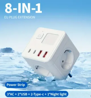 Regleta 8 en 1: 3 Tomas CA, 2 USB, 2 Tipo-C