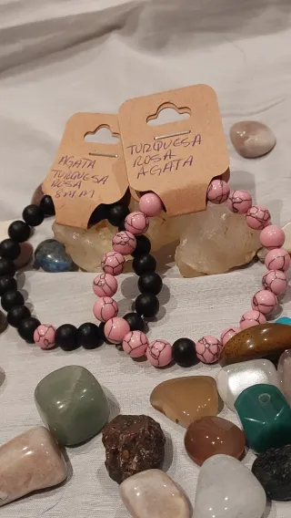 Pulsera Ágata Negra y Turquesa Rosa 8mm