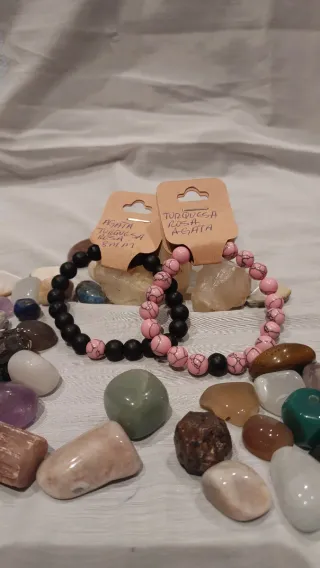 Pulsera Ágata Negra y Turquesa Rosa 8mm