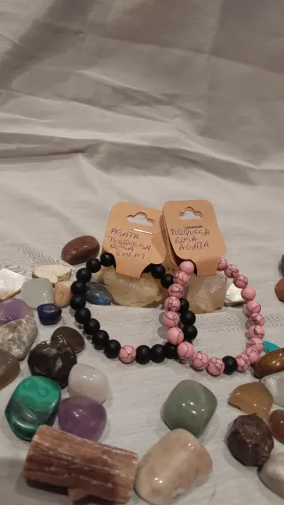 Pulsera Ágata Negra y Turquesa Rosa 8mm
