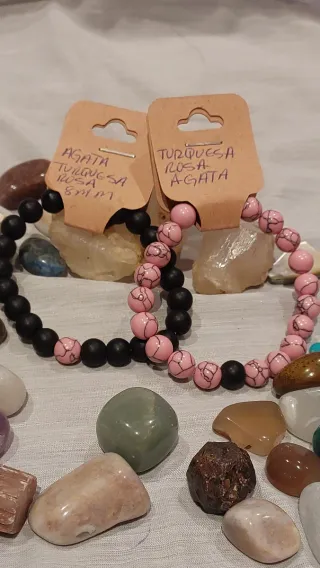 Pulsera Ágata Negra y Turquesa Rosa 8mm