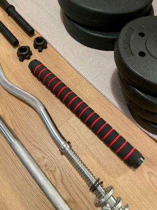 Set Pesas 77.5kg + 2 Barras + Barra Conectora