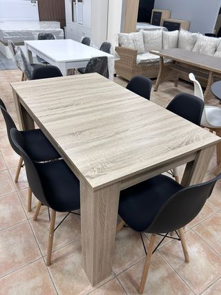 Mesa Comedor Madera + 6 Sillas Negras