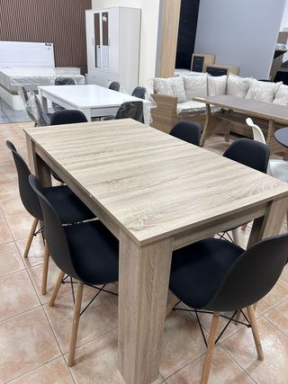 Mesa Comedor Madera + 6 Sillas Negras