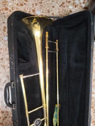 Trombón dorado con funda
