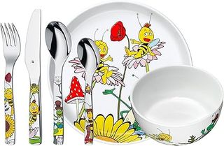WMF L'Ape Maia - Set di stoviglie per bambini 6 pezzi con piatto, ciotola e posate (forchetta, coltello, cucchiaio e cucchiaino)