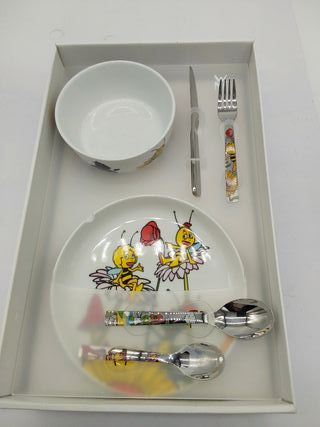 WMF L'Ape Maia - Set di stoviglie per bambini 6 pezzi con piatto, ciotola e posate (forchetta, coltello, cucchiaio e cucchiaino)
