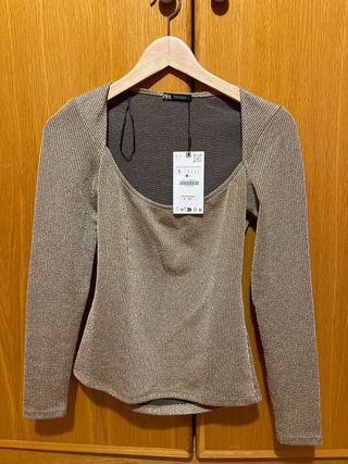 Top Zara Dorado Manga Larga Talla S