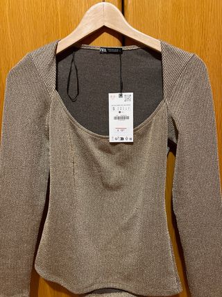 Top Zara Dorado Manga Larga Talla S