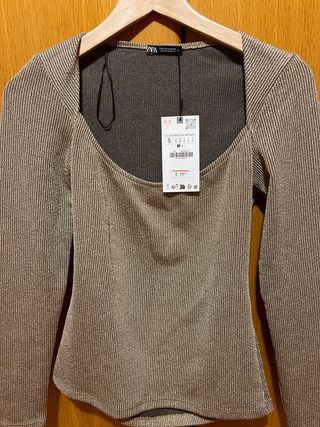 Top Zara Dorado Manga Larga Talla S