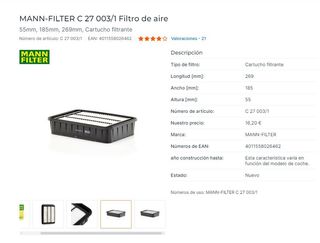 Filtro Aire MANN C27 003 Mitsubishi-Peugeot