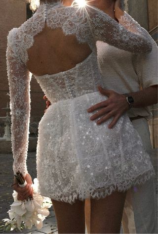 Vestido Novia Corto Encaje Manga Larga