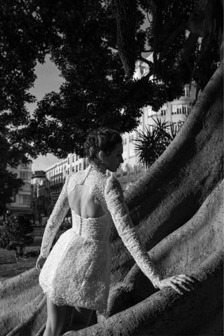 Vestido Novia Corto Encaje Manga Larga