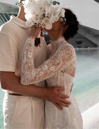 Vestido Novia Corto Encaje Manga Larga