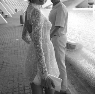 Vestido Novia Corto Encaje Manga Larga