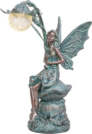 TERESA'S COLLECTIONS Decorazioni da Giardino con Luce Solare, Figurina di Resina da Fata di 35cm, Accessori per Statue da Giardino