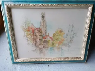 Lámina acuarela paisaje Flandes firmada y enmarcad