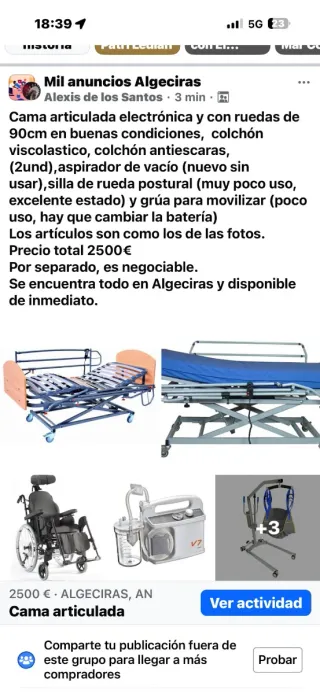 Cama articulada, silla ruedas, aspirador y grúa