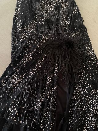 Vestido largo negro con pedrería y plumas