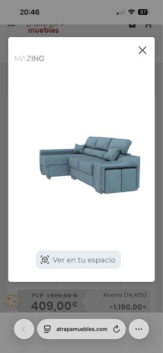 Sofá Chaiselongue 3 Plazas Azul Turquesa