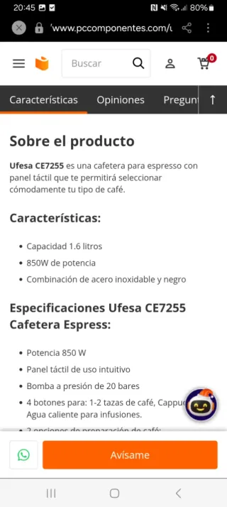 Cafetera Ufesa Espresso 1.6L 850W Táctil