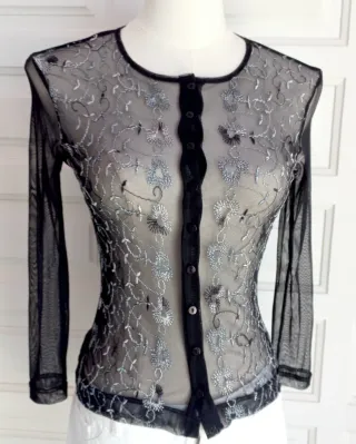 Blusa Nera Trasparente Ricamata Vintage