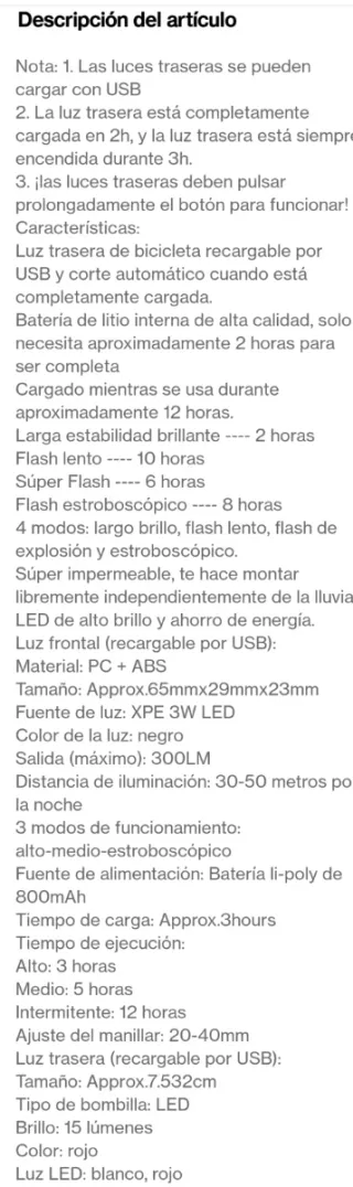 Juego luces LED Bici USB Recargables