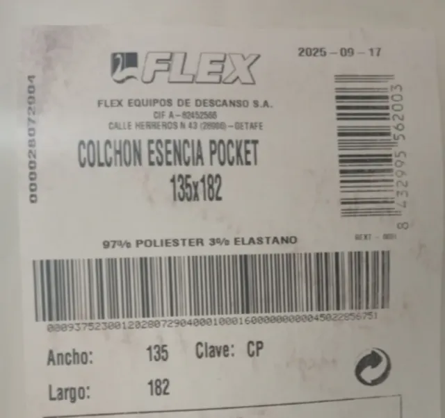 135x182FLEX ESENCIA POCKET COLCHÓN PLÁSTICO SELLAD