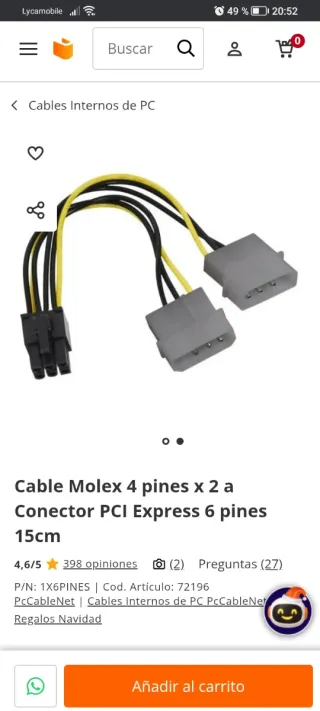 Cable Molex 4 pines x 2 a PCI Express 6 pines