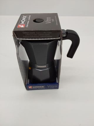 Monix Vitro Noir Cafetera italiana de aluminio 6 tazas, Apta para todo tipo de cocinas salvo inducción, Color negro