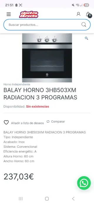 Horno Balay 3HB503XM Radiación 3 Programas