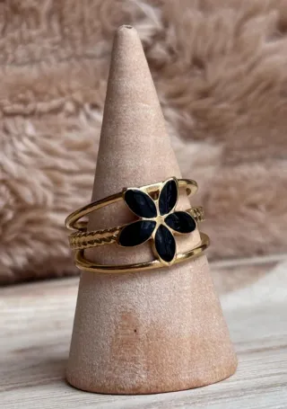 Anillo Flor Negra Baño Oro 18klt