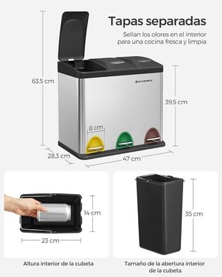 SONGMICS Cubo basura cocina 3×8L acero