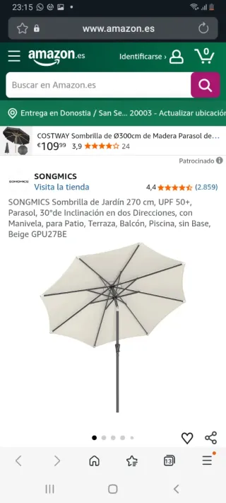 Sombrilla Jardín SONGMICS 270cm UPF 50+ Madera