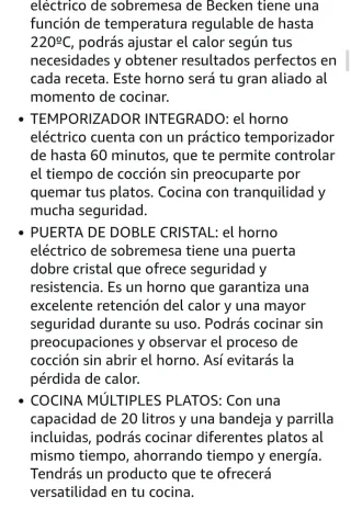 Horno Eléctrico Sobremesa BECKEN Temporizador