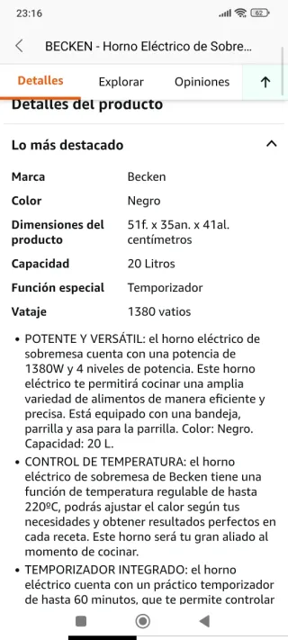 Horno Eléctrico Sobremesa BECKEN Temporizador