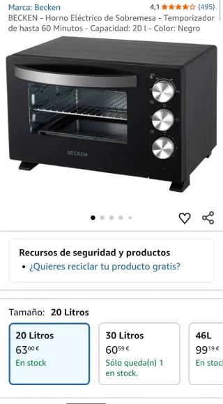Horno Eléctrico Sobremesa BECKEN Temporizador