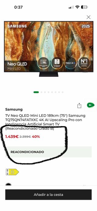 Samsung Neo QLED 75 TQ75QN74FATXXC año 2025.