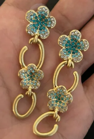 Brincos Oscar de la Renta Flor Dourado Teal