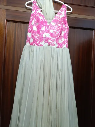 Vestido fiesta beige y rosa