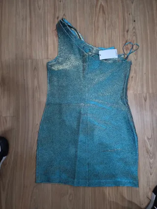 Vestido fiesta un hombro lazo dorado azul