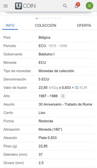 ACEPTO OFERTAS 5 ECU Bélgica 1987 Plata