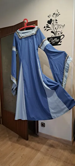 Vestido Medieval Azul Manga Trompeta, ajustable
