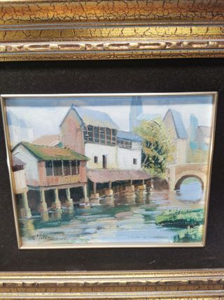 Óleos sobre tela. 2 Cuadros de “Cañón”. Paisajes rurales. Principios s.XX. Bonitos marcos de madera con pan de oro, muy bien hechos. En perfecto estado.