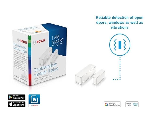 Bosch Smart Home Contatto Porta/Finestra II Plus protezione antifurto con Sensore Intelligente per rilevamento vibrazioni compatibile con Amazon Alexa e Google Assistant bianco