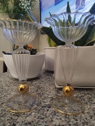 2 Candelabri Vetro Soffiato Oro