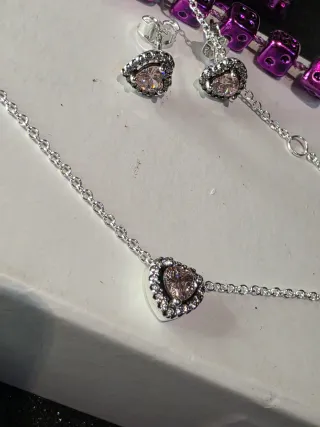 Conjunto Pandora Corazón Rosa y Plata