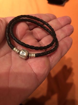 Pulsera Doble Cuero Pandora Negra y Plata