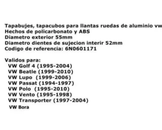 TAPAS BUJE RUEDA LLANTA VOLKSWAGEN 55/52 6N0601171