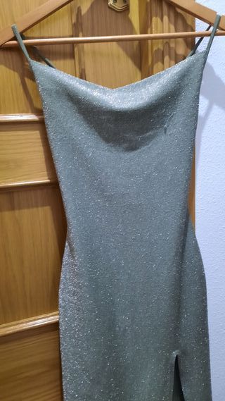 Vestido fiesta verde y plata brillante